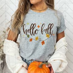 Hello Fall Script Faux Embroidery Tee
