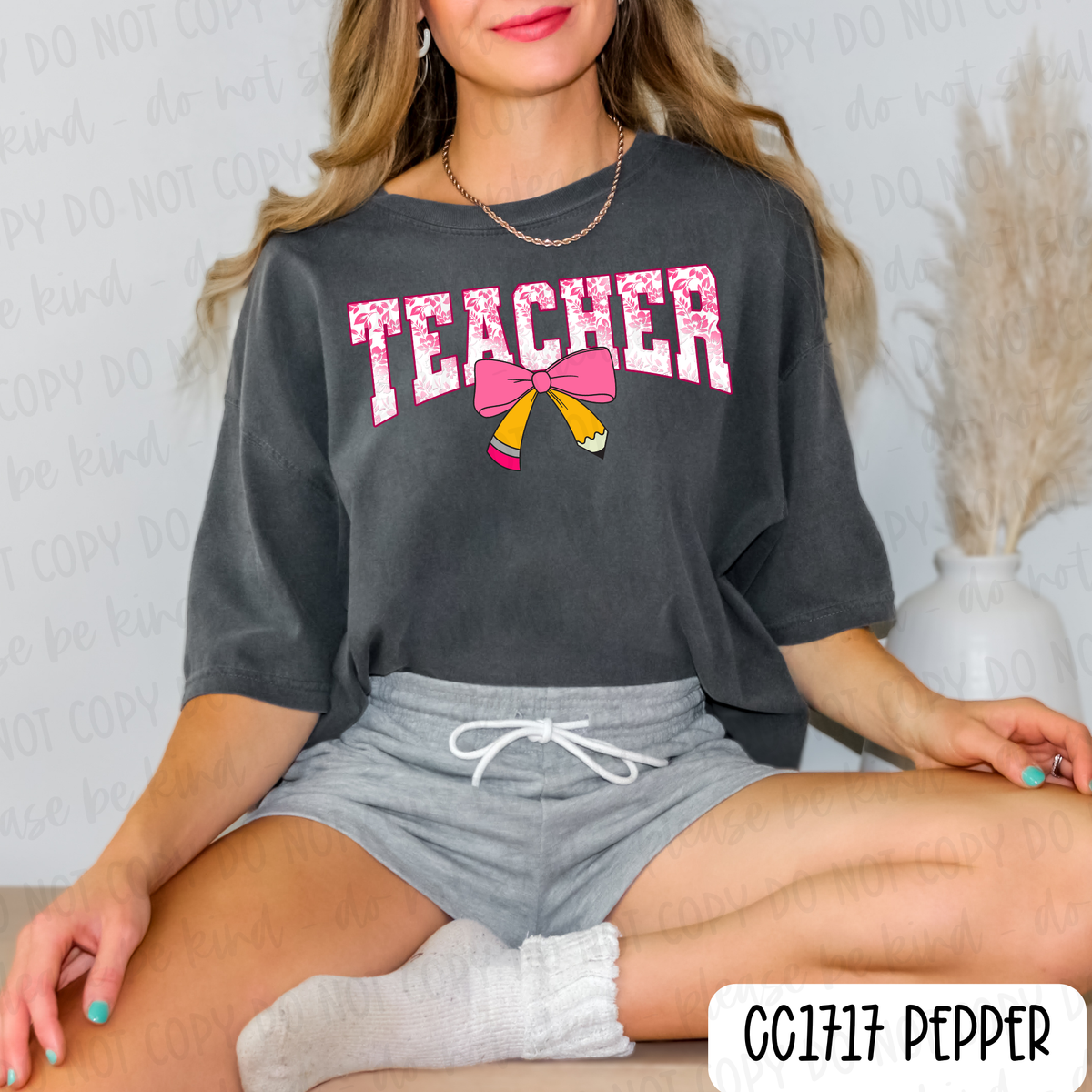 Teacher Pink Pencil Bow Tee